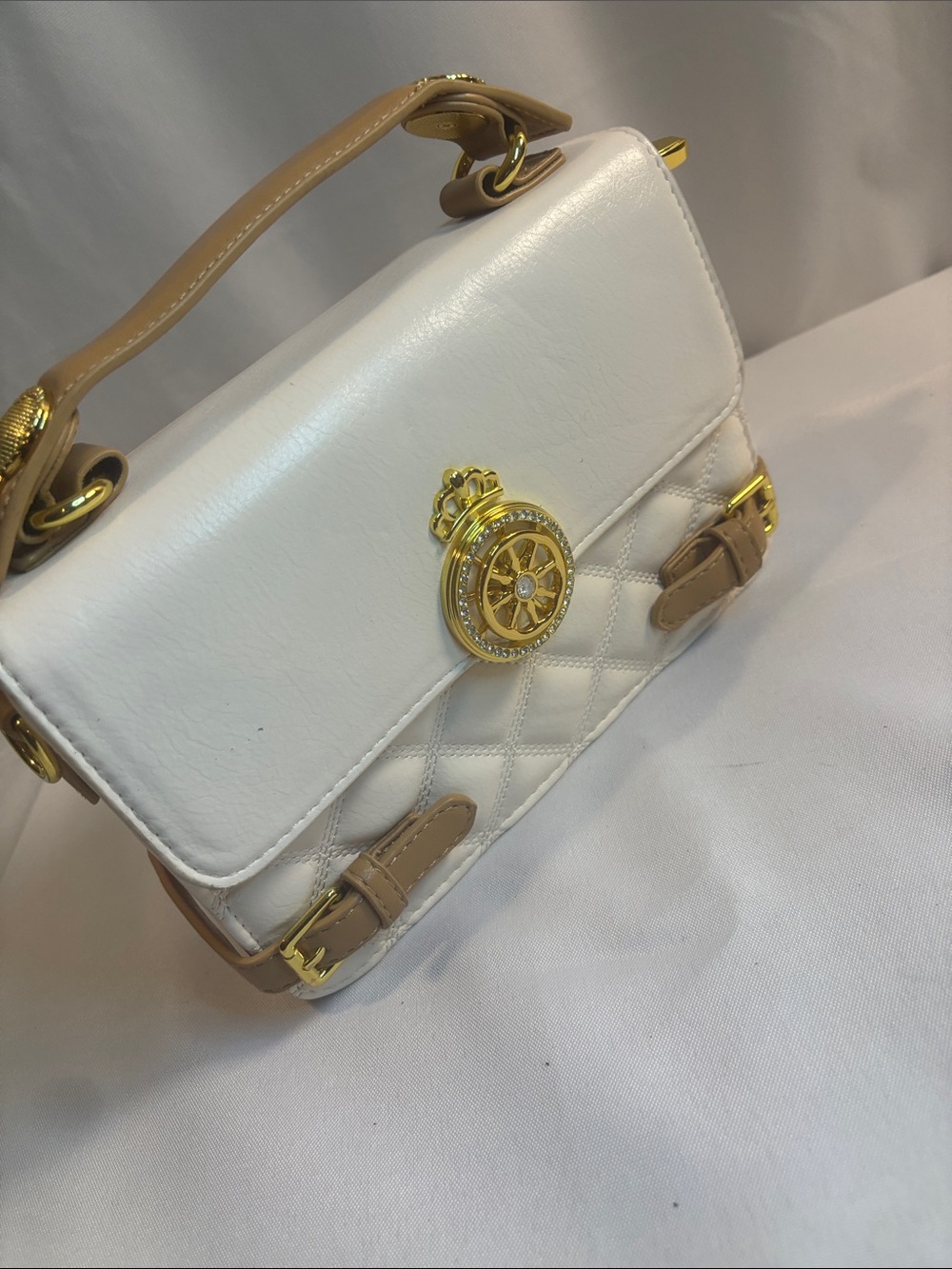 White Quilted Satchel with Gold Emblem and Tan Trim